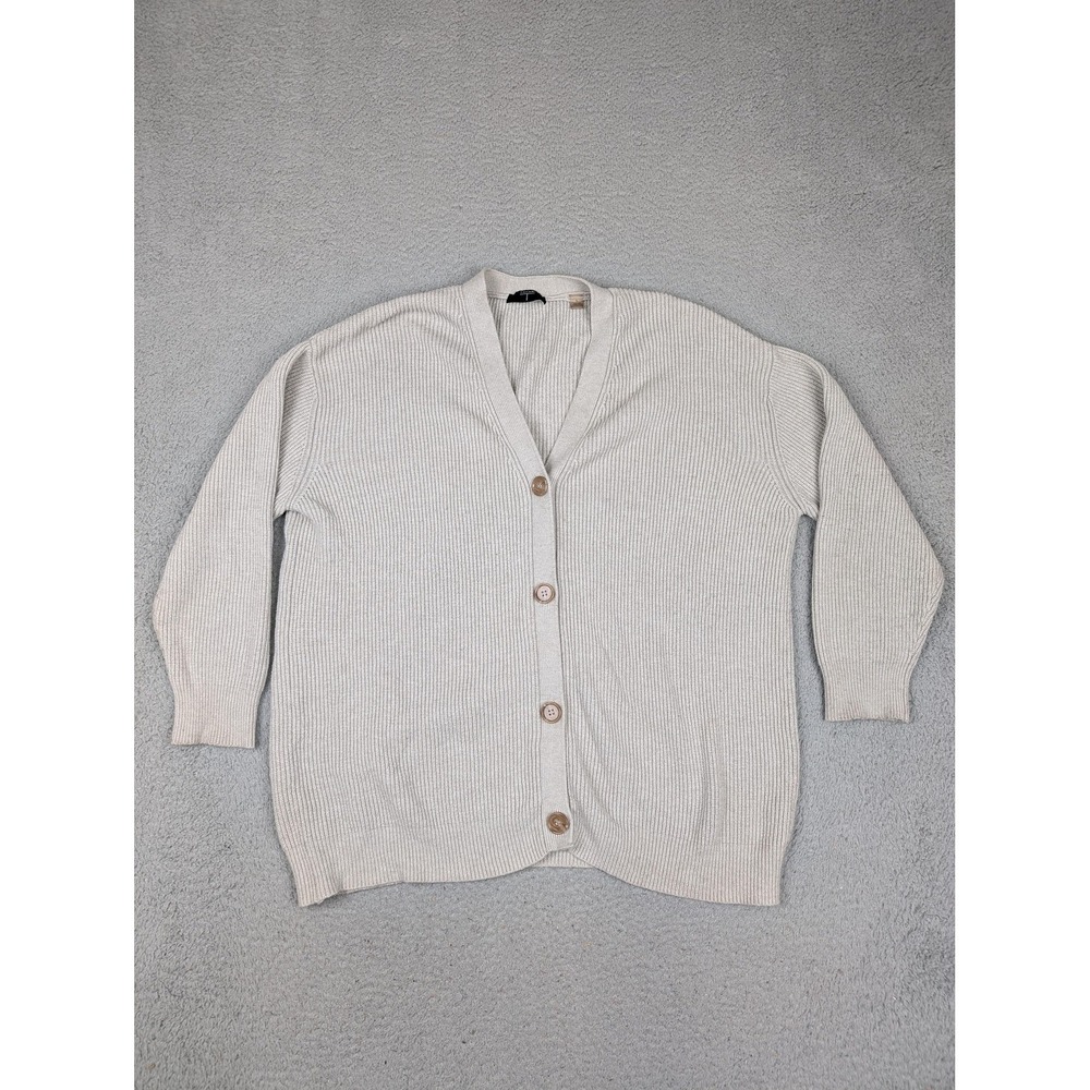 Tahari Sweater Cardigan Womens‎ Large Beige V Neck Button Front Ribbed Knit